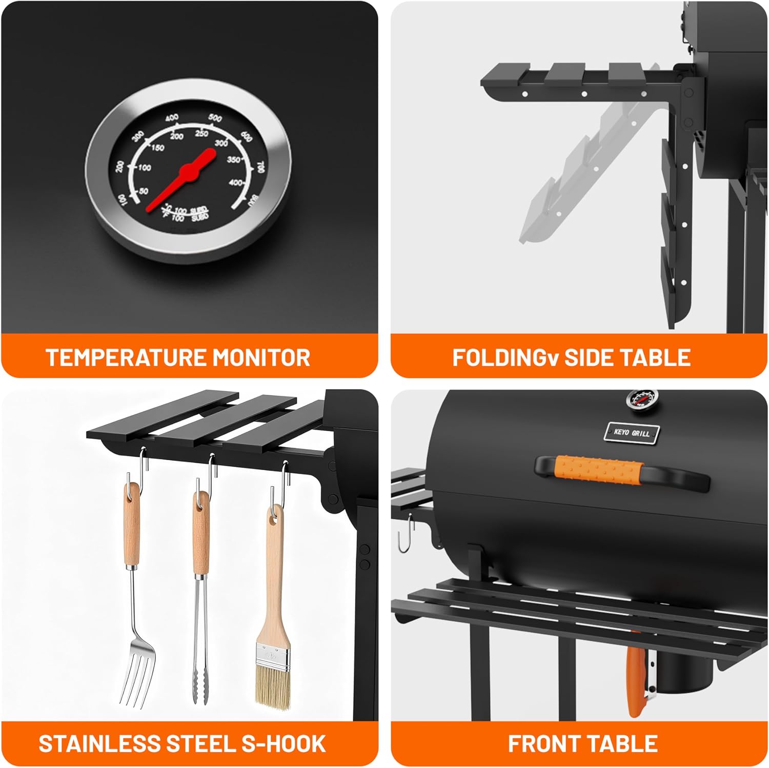 KEYO GRILL 29-Inch Barrel Charcoal Grill, Heavy duty BBQ Grill with Adjustable Air Vent, One Click Cleaning System Barbecue Smoker Grill Combo for Backyard, Camping and Tailgate