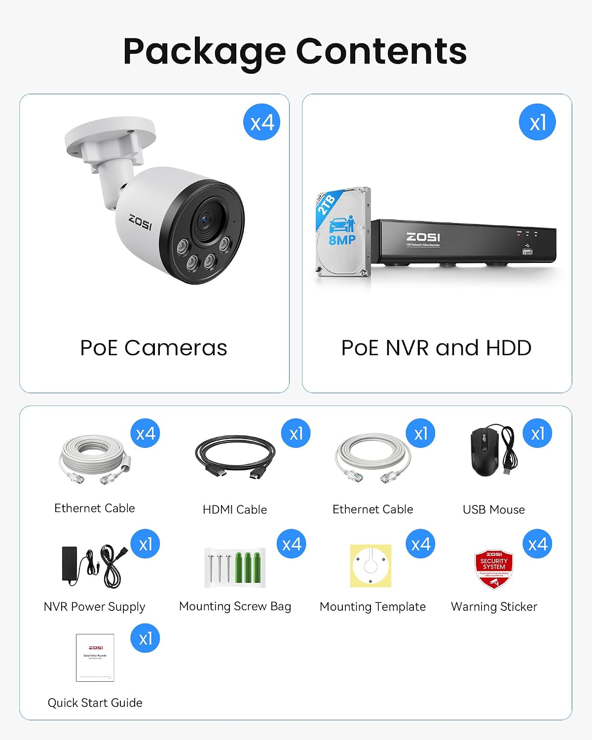 ZOSI 4K PoE Security Camera System, 4pcs 8MP Indoor Outdoor Wired Cameras with Audio, Smart Person Vehicle Detection, People Counting, Night Vision, 8CH CCTV NVR with 2TB HDD for Home 24/7 Recording
