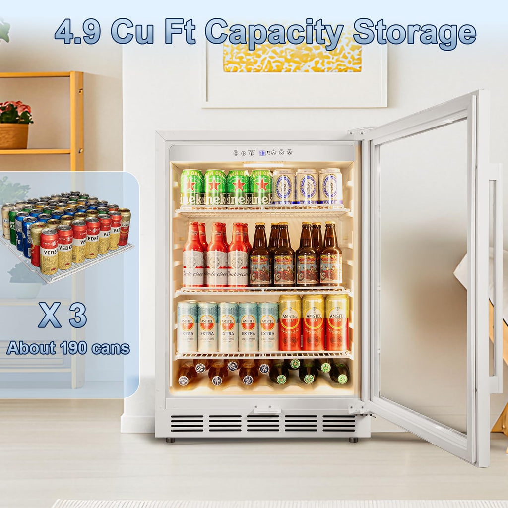 Velivi Beverage Refrigerator, 4.9 Cubic Feet Undercounter/Freestanding 24 Inch Beverage Fridge with Glass Door, LED Light, Safety Lock, Touch Control, Low Noise (White)