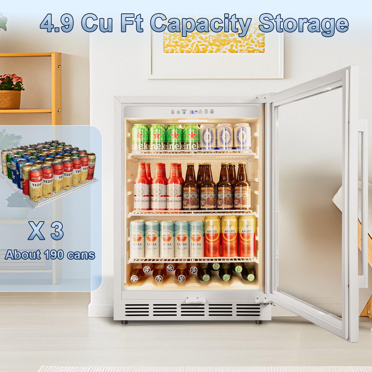 Velivi Beverage Refrigerator, 4.9 Cubic Feet Undercounter/Freestanding 24 Inch Beverage Fridge with Glass Door, LED Light, Safety Lock, Touch Control, Low Noise (White)