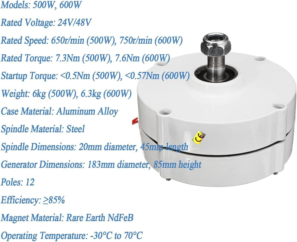 500W 600W 24V/48V Output Small Permanent Magnet Generator, Pure Copper Wire High-Torque For Wind Turbines & Off-Grid Power Lighting Generator(500W,24V)