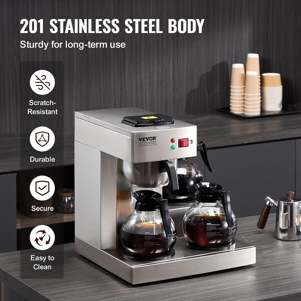 VEVOR 12 Cups Commercial Drip Coffee Maker, Coffee Maker Machine with 3 Glass Carafes and 3 Warmer Plates, Stainless Steel Pour Over Coffee Brewer for Restaurant, Office, Cafe