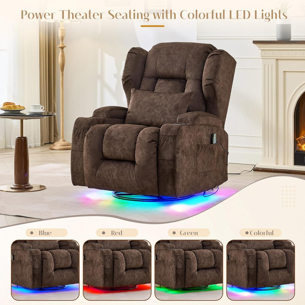 Power Swivel Rocker Recliner Chair with Massage & Heat, Dual Motor Electric Glider Rocking Recliner with USB Ports, Cup Holders & LED Light for Living Room, Home Theater (Brown)