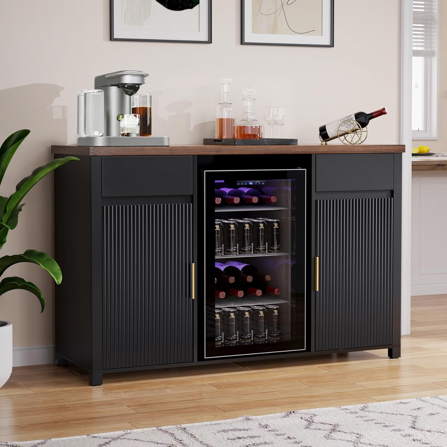 GDLF Large Coffee Bar Cabinet with Fridge Space, Mini Fridge Cabinet with Wine Storage, Buffet Sideboard Table for Home, Fluted Modern Design,53.2' L