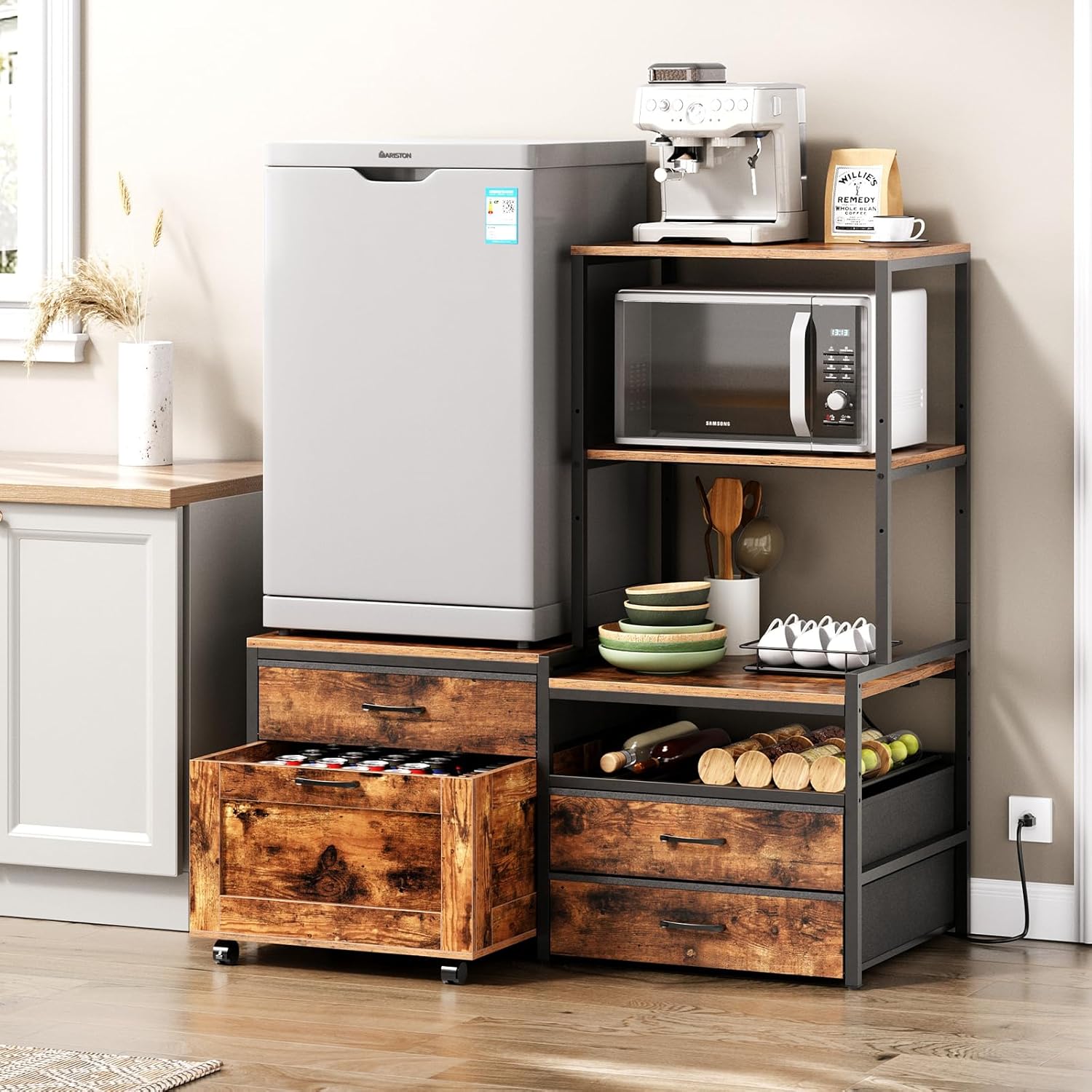 Herture Mini Fridge Stand with Wine Rack, Kitchen Bakers Rack with Power Outlet, Microwave Oven Stand, Coffee Bar, Movable Drawers, for Dorm,Office, Brown HB04BXN
