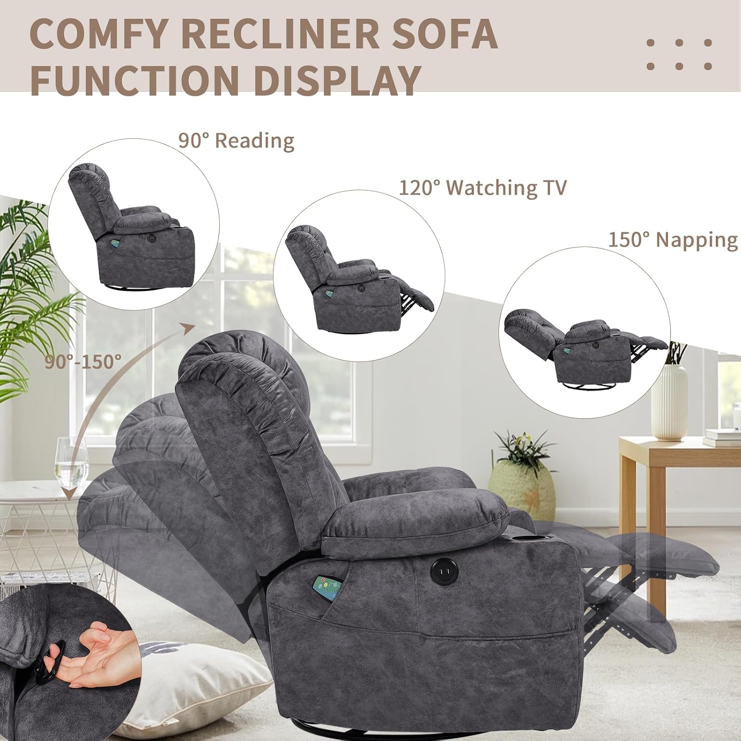 Swivel Rocker Recliner Chair with Heat and Massage, Manual Glider Rocking Reclining Chair, 360° Swivel Overstuffed Lounge Chair with 2 Cup Holders, Side Pockets & USB Ports, Fabric Grey