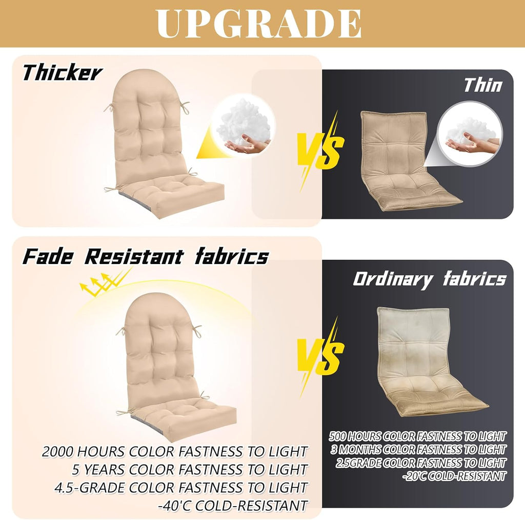 Geelin 4 Pcs Outdoor Patio Chair Cushion Thick High Back Adirondack Chair Cushion Tufted Weather & Fade Resistant Anti-Slip Outside Rocking Chairs Pads with Ties, 44 x 19 x 4 Inch (Beige)