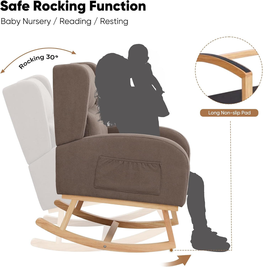 HCHAIRH Nursery Rocking Chair,Linen Upholstered Nursery Rocking Chairs,Wingback Rocker for Nursery for Living Room Bedroom(Linen Brown)