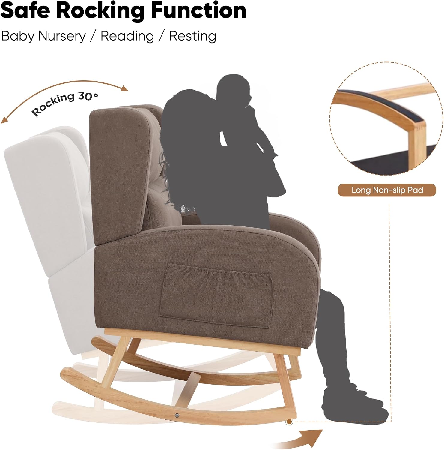 HCHAIRH Nursery Rocking Chair,Linen Upholstered Nursery Rocking Chairs,Wingback Rocker for Nursery for Living Room Bedroom(Linen Brown)