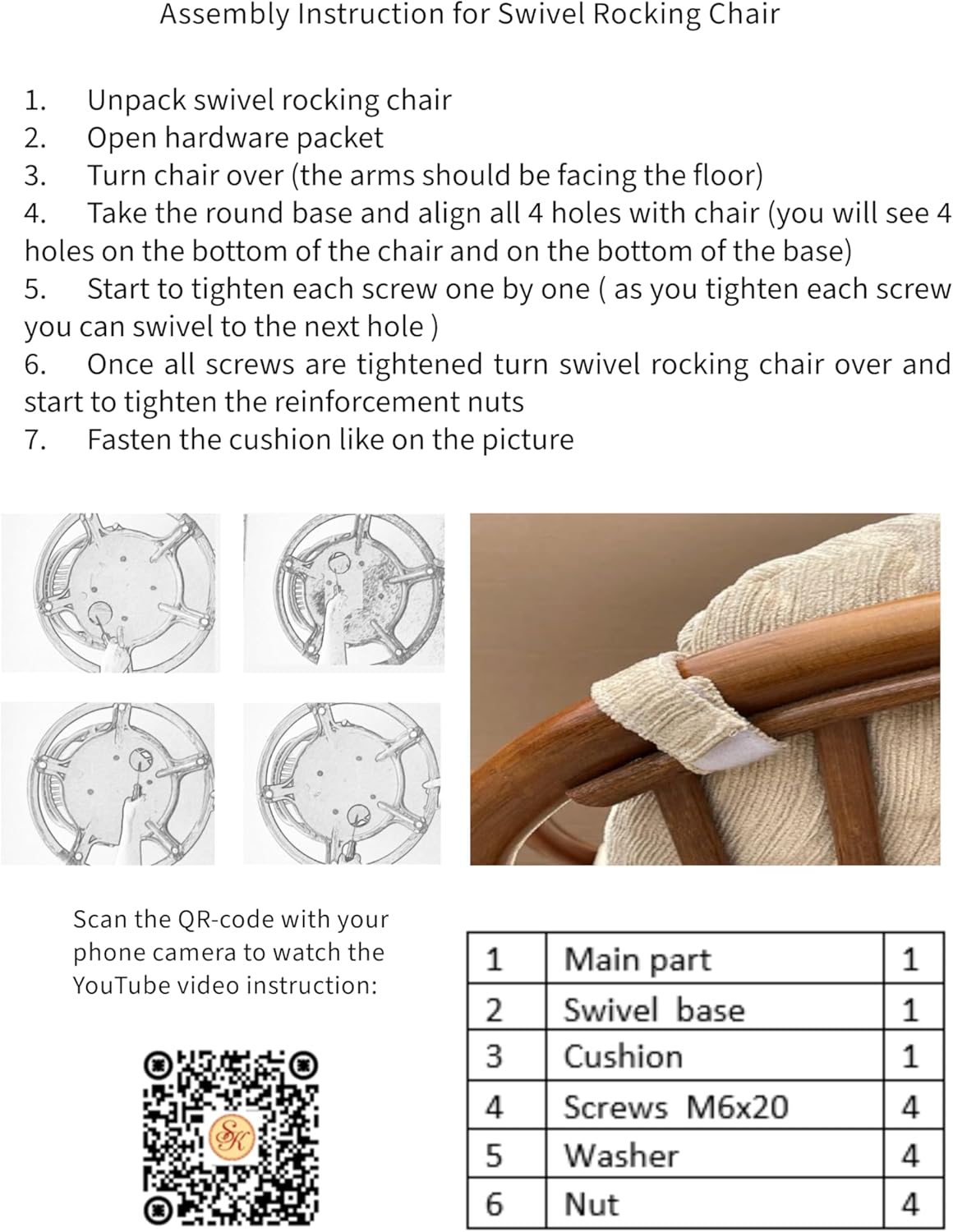 Java Lounge Swivel Rocking Chair with Cream Cushion Natural Rattan Wicker Handmade, Colonial Color