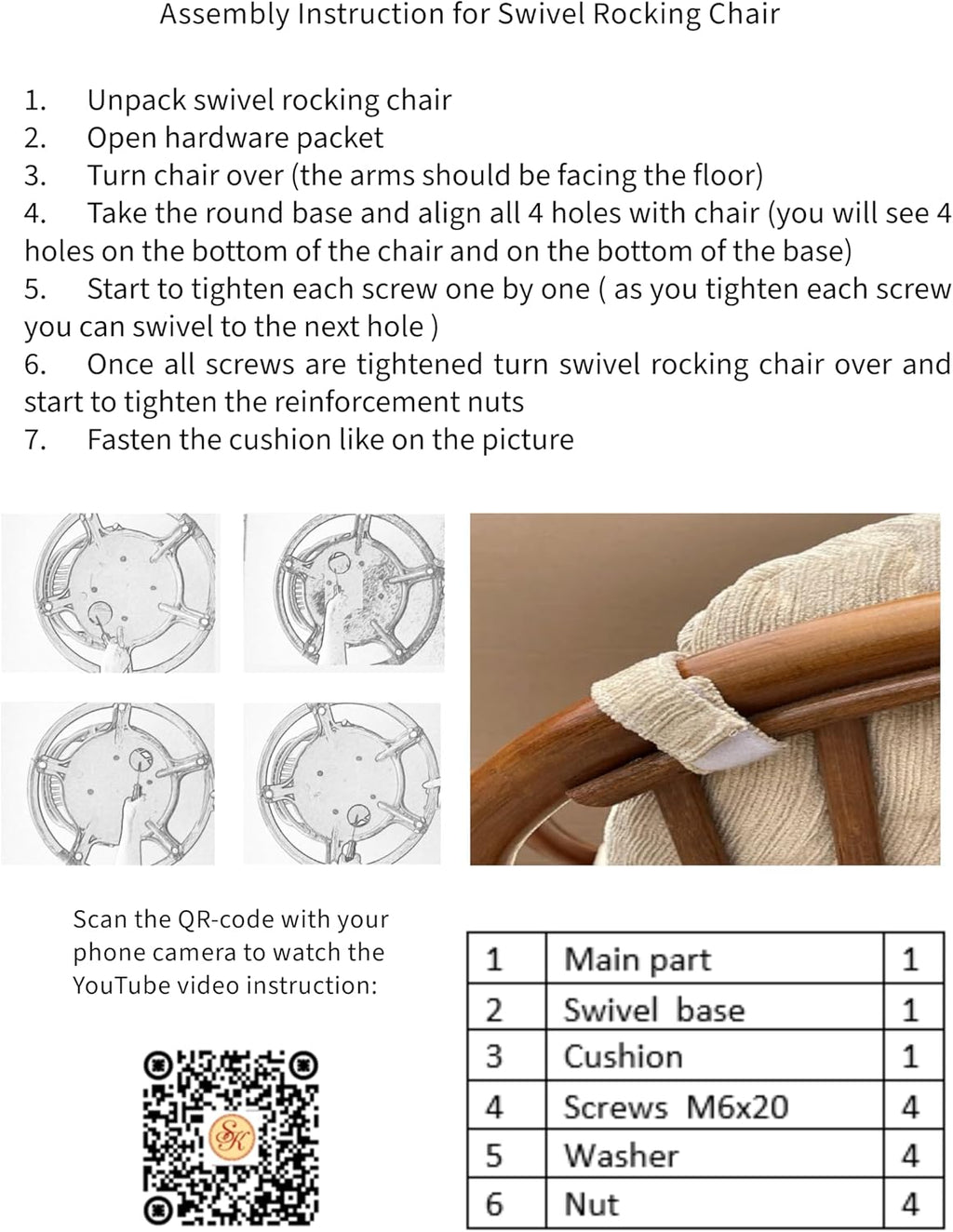 Java Lounge Swivel Rocking Chair with Black Leaf Cushion Natural Rattan Wicker Handmade, White Color