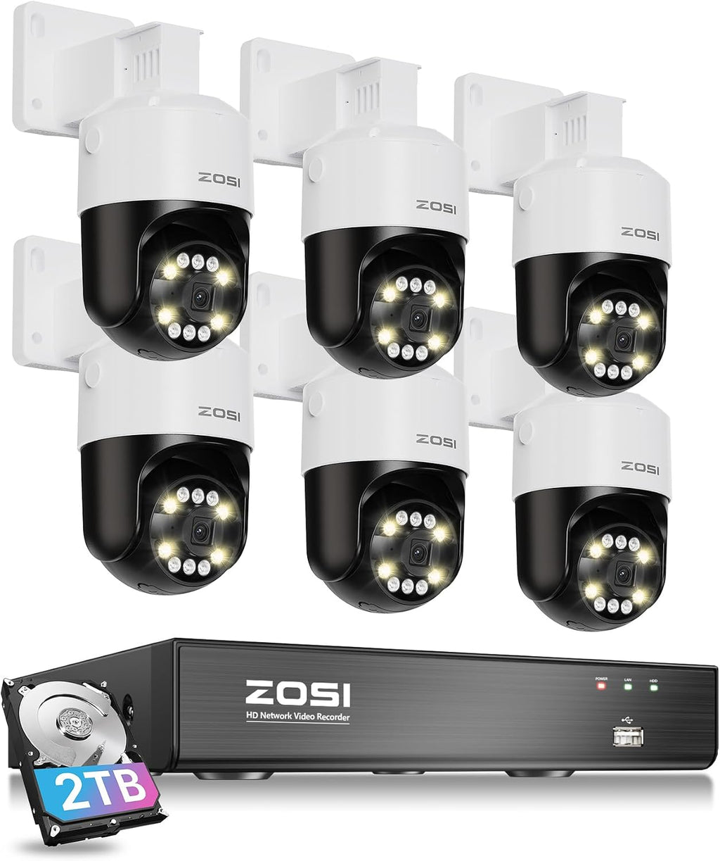 ZOSI 8CH (16CH Expandable) 4K PoE Security Camera System with AI Face Person Vehicle Detection, 6 x 5MP 3K Outdoor Auto Tracking PT PoE Camera with 5X Digital Zoom, 2-Way Audio, 8CH NVR with 2TB HDD