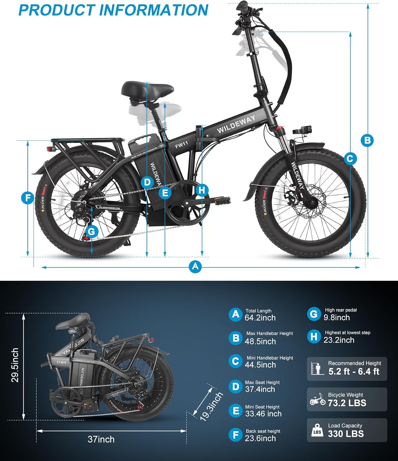 Wildeway Folding Electric Bike for Adults with 32Ah Battery Long Range 750W Motor 28MPH,20'x 3.0'Fat Tire Foldable EBike, Urban City Commuter Men Women Bicycle 7 Speed Gear