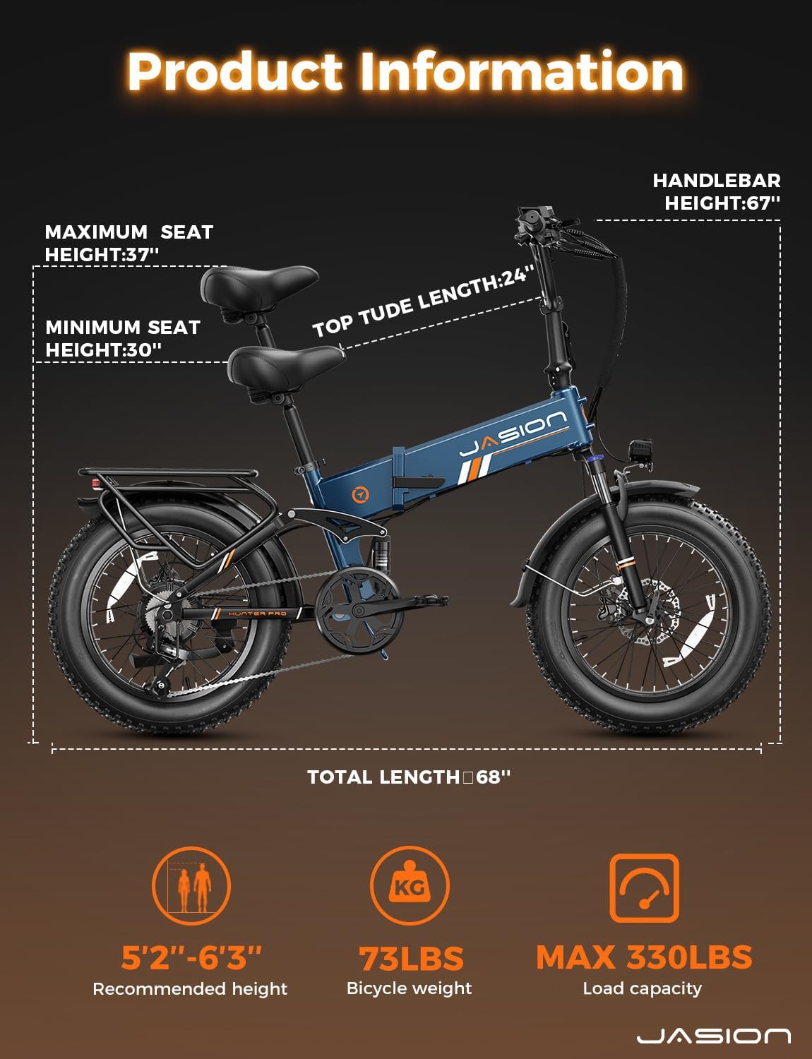 Jasion Hunter Pro Electric Bike for Adults,1800W Peak Motor 80 Miles,up to 28MPH,720WH Removable Battery Foldable Ebike,App Control & Full Suspension,20''*4.0 Fat Tire,Dual Hydraulic Brakes Bicycle