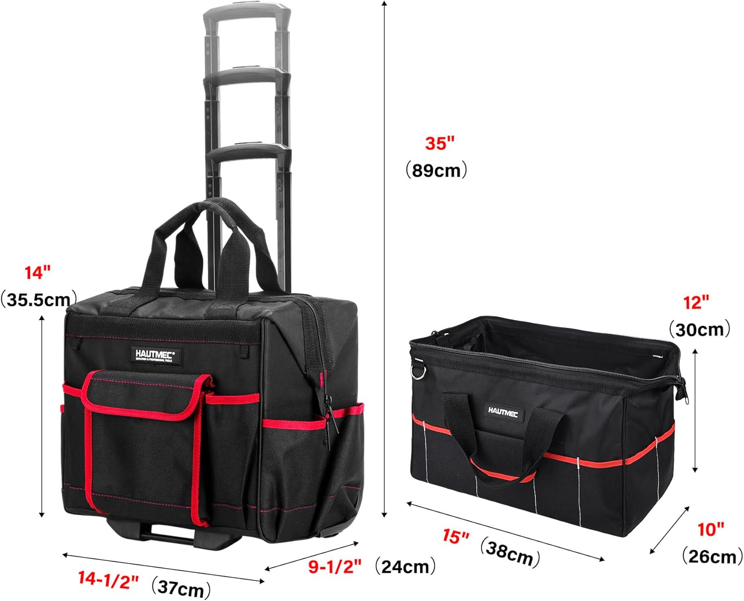 HAUTMEC 2-Piece Rolling Tool Bag Set, 15' Wheeled Tool Bag & Wide Mouth Tool Tote, Heavy-Duty Tool Storage Organizer with Durable Off-Road Wheel, Steel Telescoping Handle & Shoulder Strap – HT0288