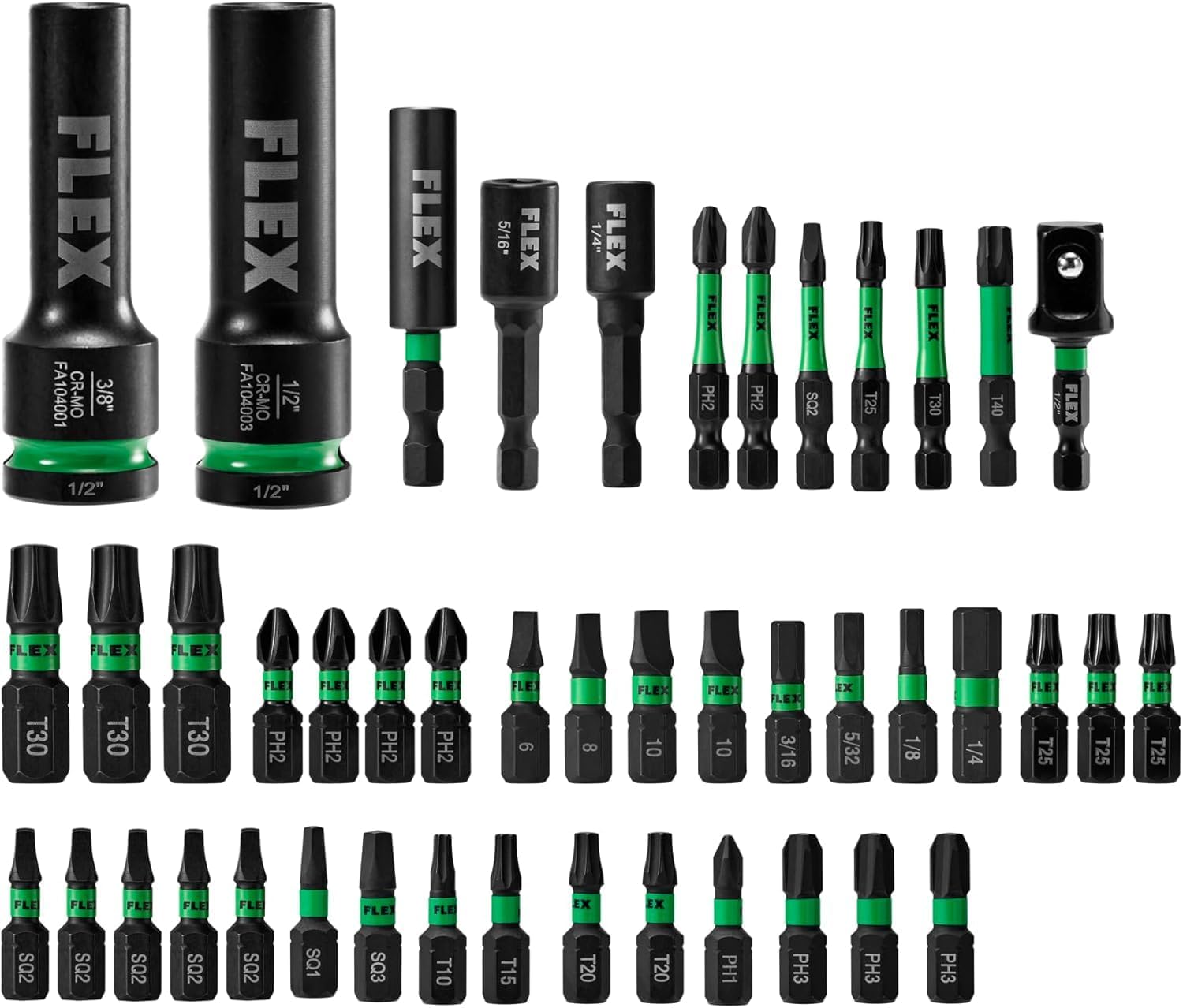 Bundle of FLEX 24V Brushless Cordless 6-Tool Combo Kit: Hammer Drill, Hex Impact Driver, Circular Saw, Multi-Tool, Reciprocating Saw, Work Light+ 45-Piece Impact Driver Bit Set