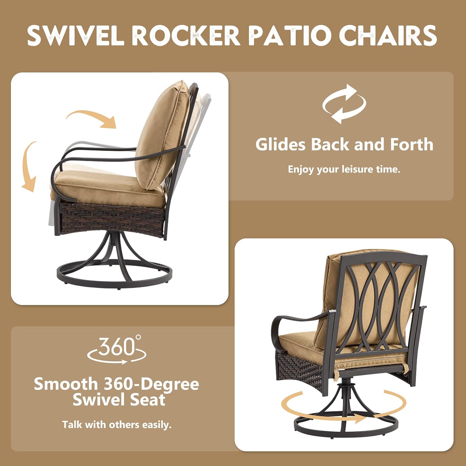 EROMMY Patio Swivel Chairs Set of 2, Outdoor Swivel Chairs with Cushion, Patio Dining Chairs for Garden, Patio, Backyard and Balcony, Khaki