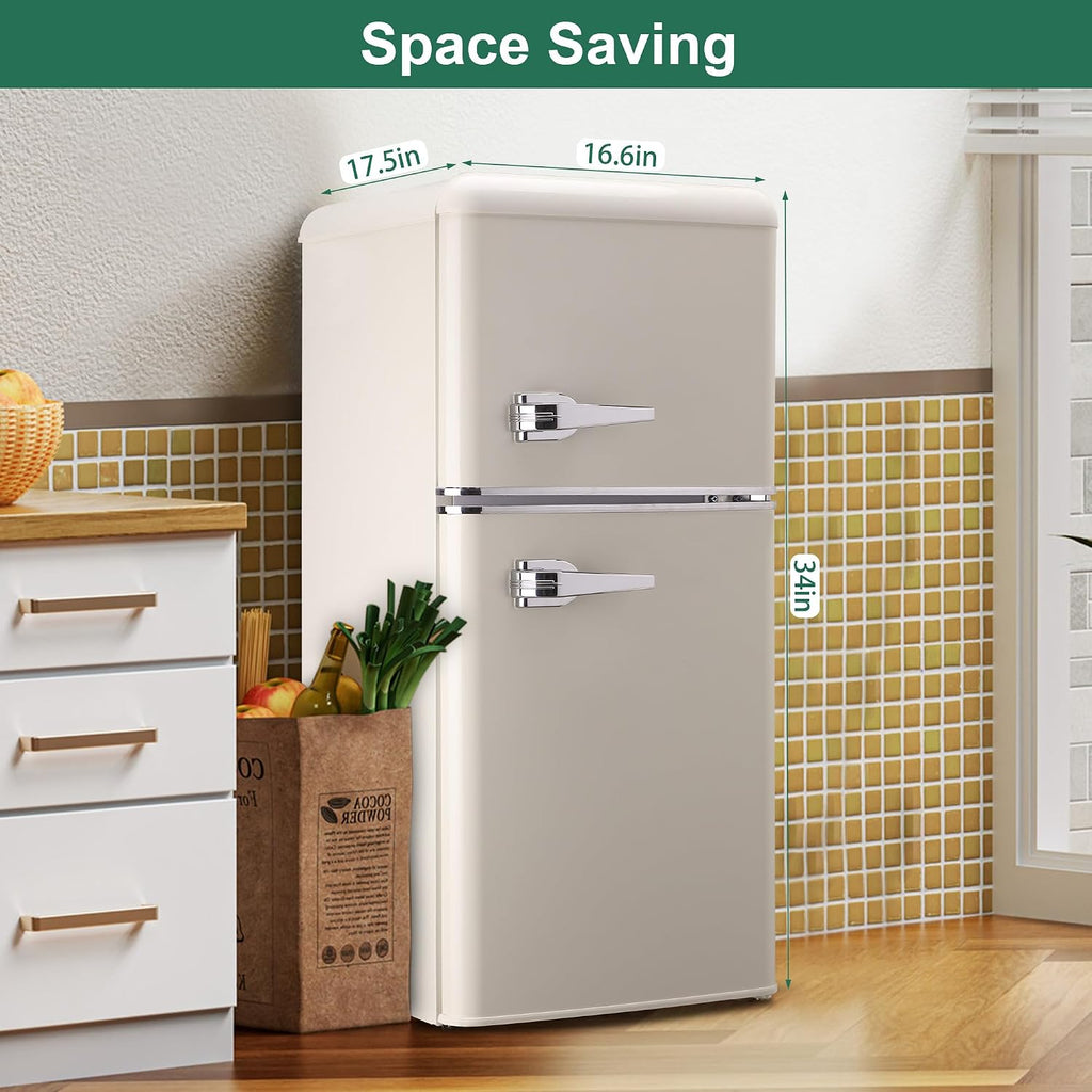 Retro Mini Fridge with Freezer 4.0 Cu. Ft, Small Refrigerator with 7 Level Adjustable Thermostat, Compact Classic Dual Door Fridge Removable Glass Shelves for Apartments, Dorm, Office, Cream
