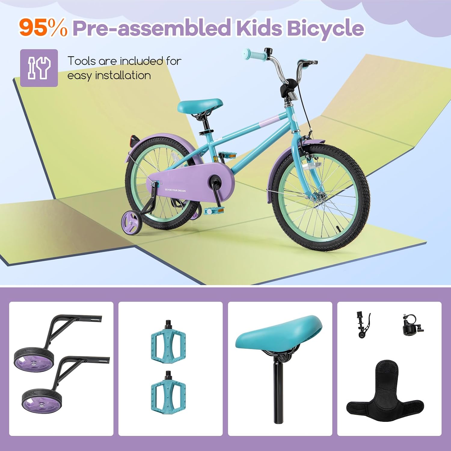 BABY JOY Colorful Macarons Kids Bike, 12 14 16 18 Inch Sporty Children's Bicycle with Training Wheels, Adjustable Handlebar & Saddle, Handbrake & Coaster Brake, Boys Girls Bike for 3-8 Years Old