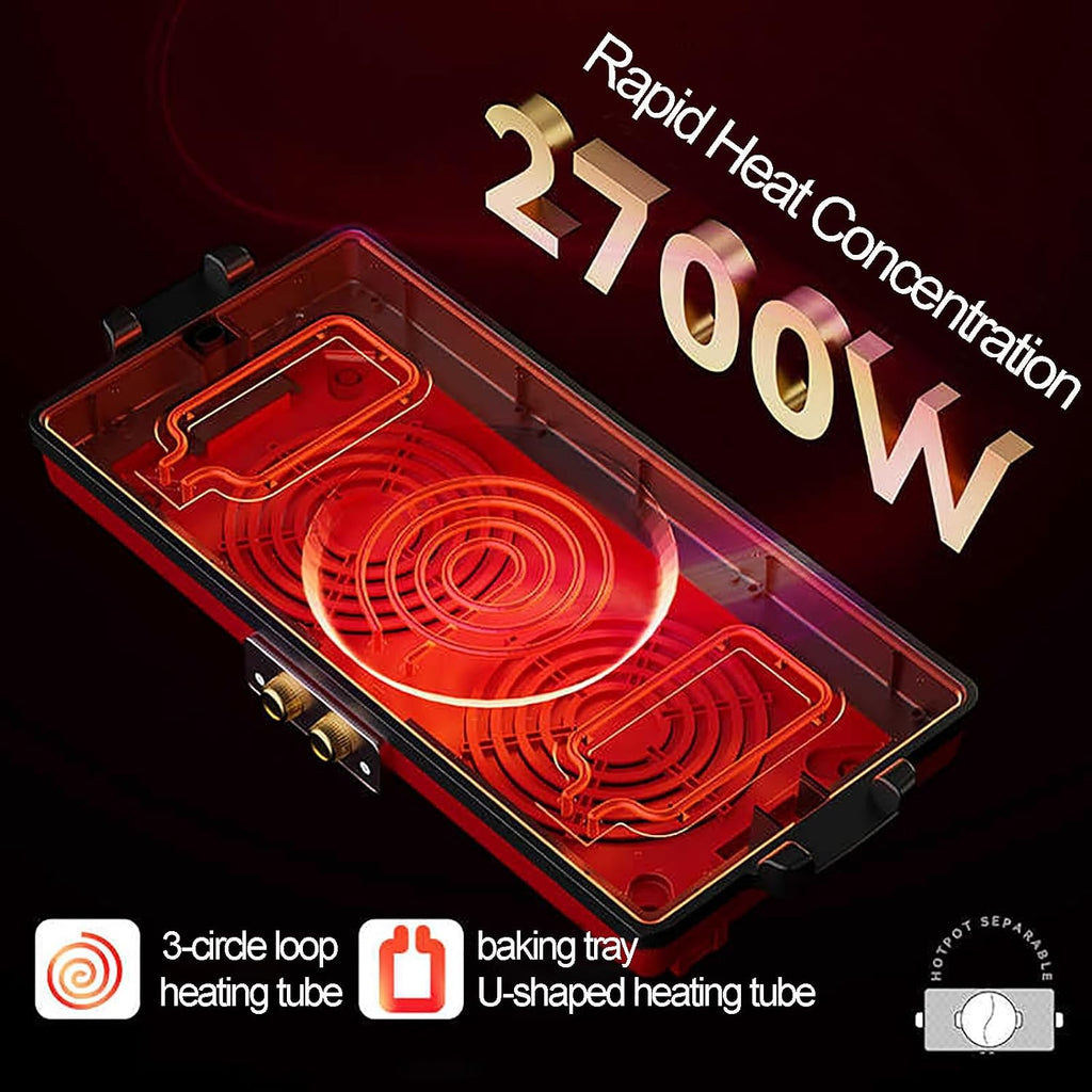 Barbecue Electric Grill and Hot Pot, 2700W Separable BBQ Pan Grill and Hot Pot, Multifunctional Electric Grill Pot with Dual Temp Control, with Nonstick Coating(Red)