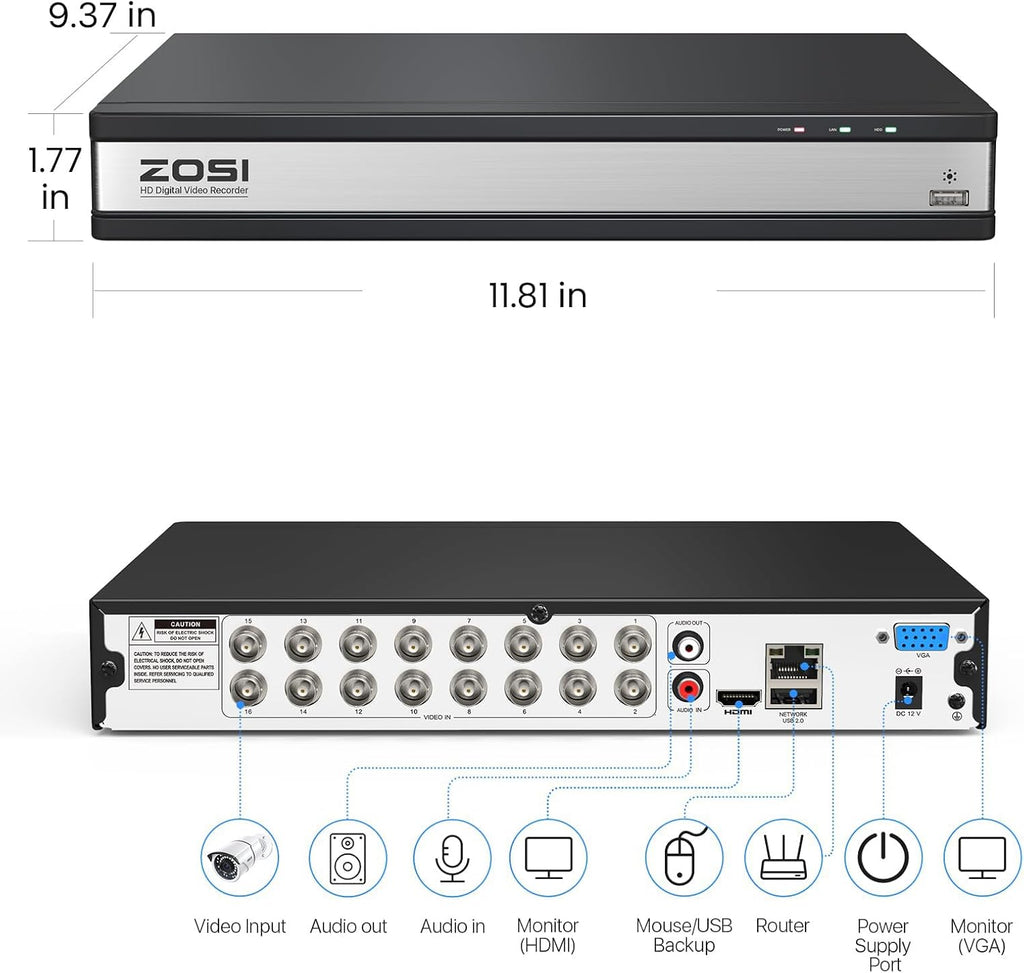 ZOSI 16 Channel H.265+ Home Security DVR Recorder, 1080P Lite Hybrid 4-in-1(Analog/AHD/TVI/CVI) CCTV DVR for Security Camera, Motion Detection, Mobile Remote Control, Alert Push (2TB HDD Included)