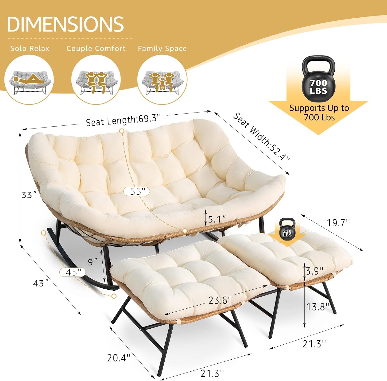 NICESOUL Oversized Double Rocking Papasan Chair with Ottoman and Cushion, Indoor Outdoor Padded Rocking Chair for 2 Person, 700 Lbs Comfy Rattan Egg Loveseat Royal Rocker for Lawn, Garden, Deck, Beige