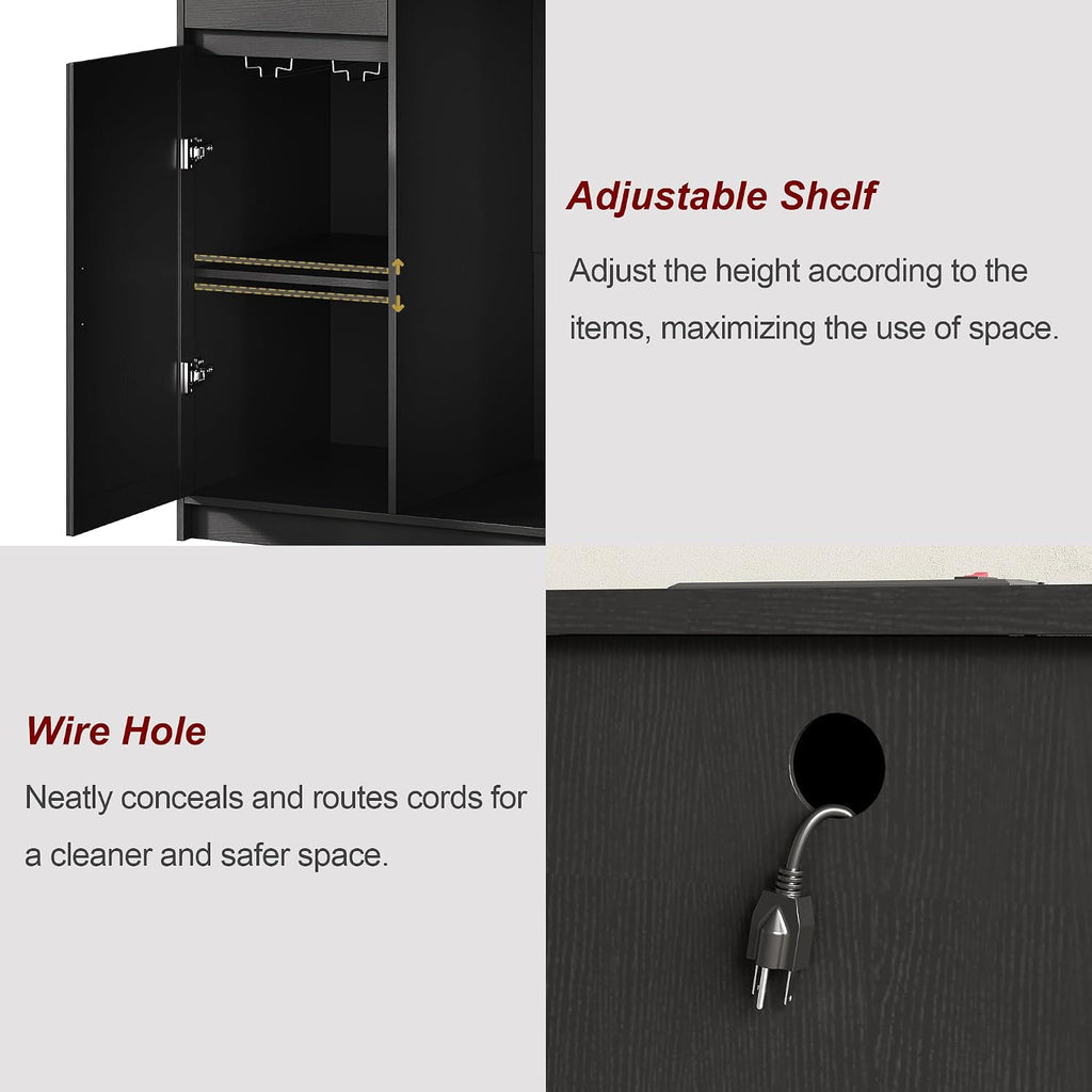 Herture Mini Fridge Cabinet,Coffee Bar Cabinet with Fridge Space & Wine Storage with Outlets,Fits 24' Fridge,Mini Fridge Stand,Buffet Sideboard Table Wine Cabinet for Kitchen Dining Room Black KH04MRB