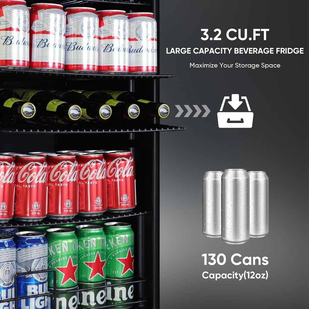 ORYMUSE 3.2 Cu.Ft Beverage Refrigerator, 130 Can Mini Fridge with Glass Door & Digital Temperature Control, Compressor Cooling Freestanding Cooler for Soda, Beer, Wine, Home, Office & Bar - Black