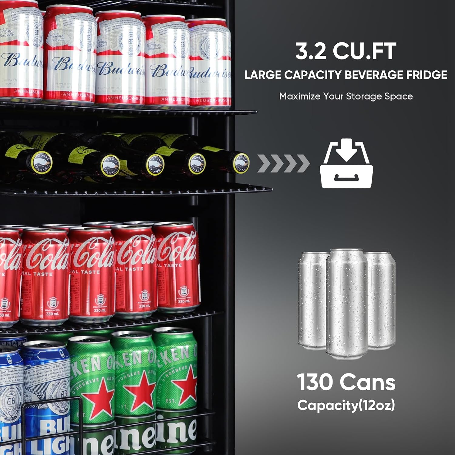 ORYMUSE 3.2 Cu.Ft Beverage Refrigerator, 130 Can Mini Fridge with Glass Door & Digital Temperature Control, Compressor Cooling Freestanding Cooler for Soda, Beer, Wine, Home, Office & Bar - Black