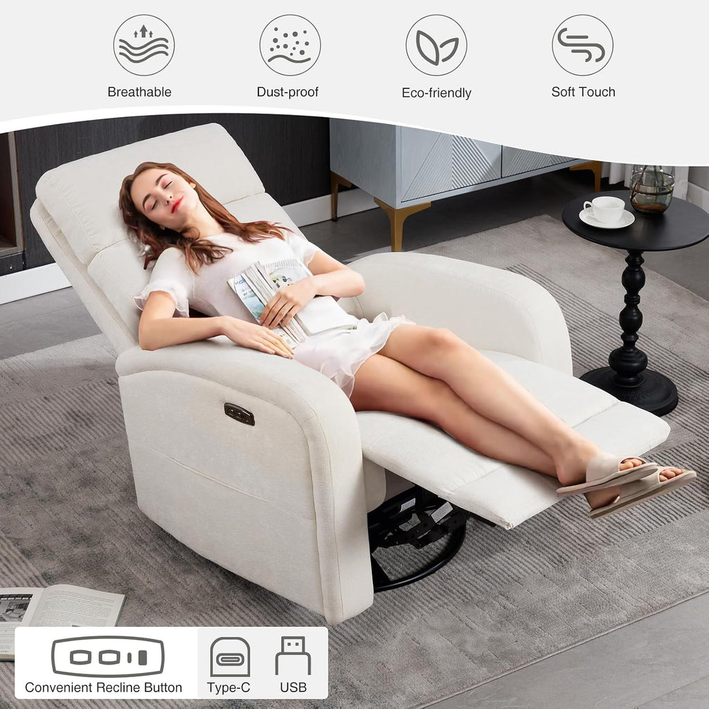Power Swivel Rocker Recliner Chair for Nursery, Electric Rocking Reclining Chair, Upholstered Glider Nursery Recliner for Living Room, Bedroom, Chenille White