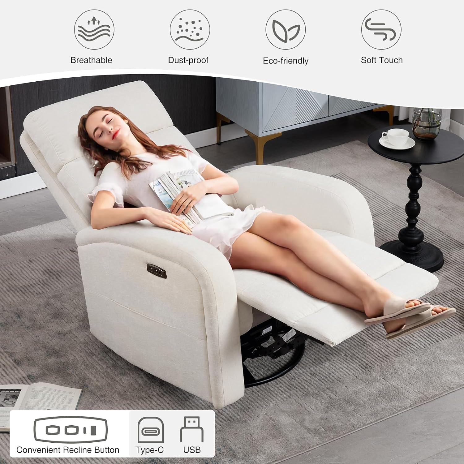 Power Swivel Rocker Recliner Chair for Nursery, Electric Rocking Reclining Chair, Upholstered Glider Nursery Recliner for Living Room, Bedroom, Chenille White