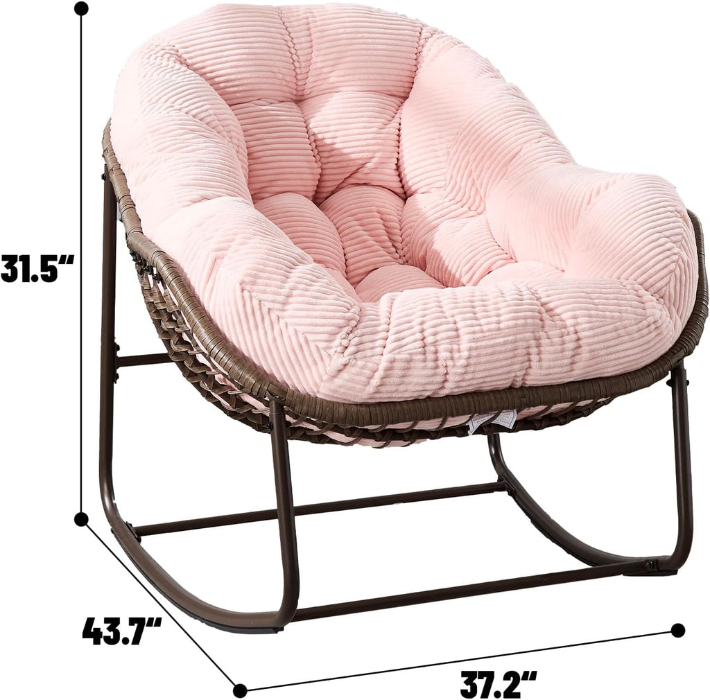 Rattan Rocking Chair for Indoor Outdoor Patio Oversized Wicker Egg Chair with Steel Frame Corduroy Padded Cushion Rocker Recliner Chair Comfy Lounger Papasan Chair for Living Room Porch Garden, Pink