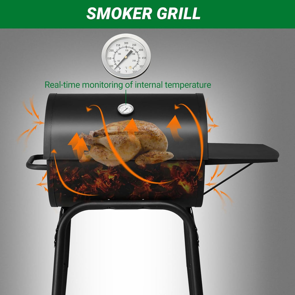 Charcoal BBQ Grill with Adjustable Charcoal Pan, Large Cooking Area, Air Dampers, Side Table, and Wheels, Portable Barbecue Grills for Outdoor Backyard, Camping, Patio Parties, and Picnics