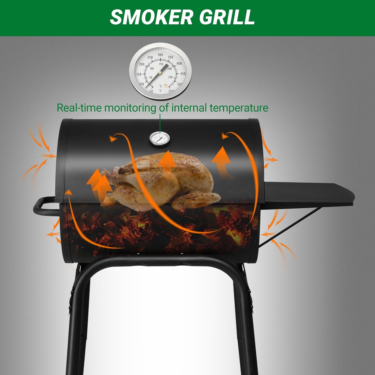 Charcoal BBQ Grill with Adjustable Charcoal Pan, Large Cooking Area, Air Dampers, Side Table, and Wheels, Portable Barbecue Grills for Outdoor Backyard, Camping, Patio Parties, and Picnics