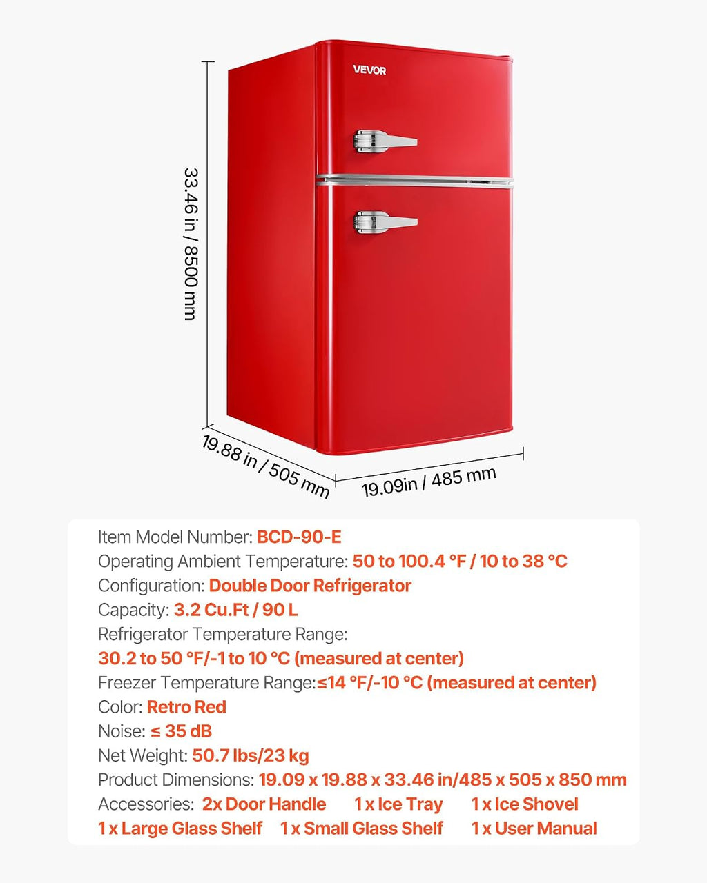 VEVOR 3.2 Cu.Ft Mini Fridge with Freezer, Dual Zone Compact Refrigerator, 7-Mode Adjustable Temp, Energy Efficient Low Noise Dorm Fridge, Small Refrigerator for Bedroom, Office, Retro Red