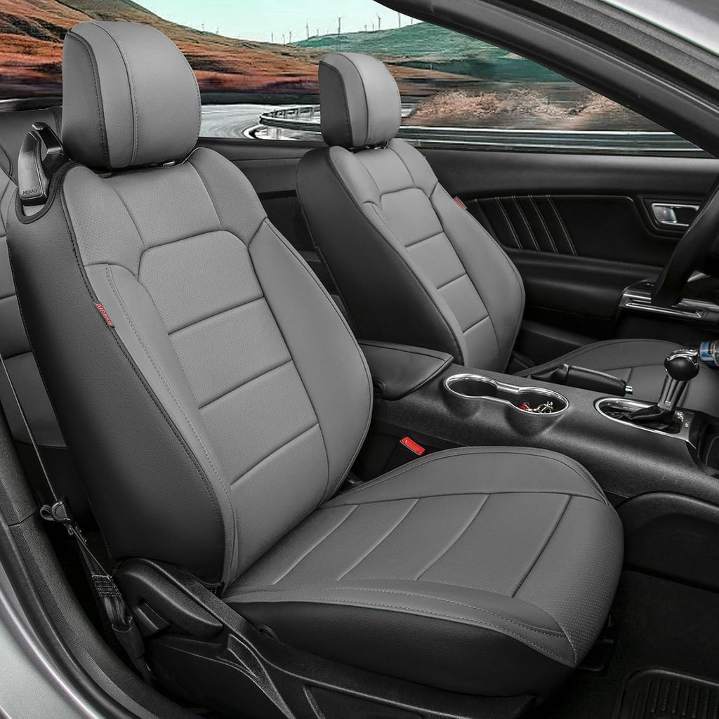 coverdream Mustang Leather Car Seat Covers Custom Fit for 2015-2025 2026 Ford Mustang Convertible,Rear Row One-Piece Backrest,Fully Covered Waterproof Seat Protector (Full Set,Black/Gray)
