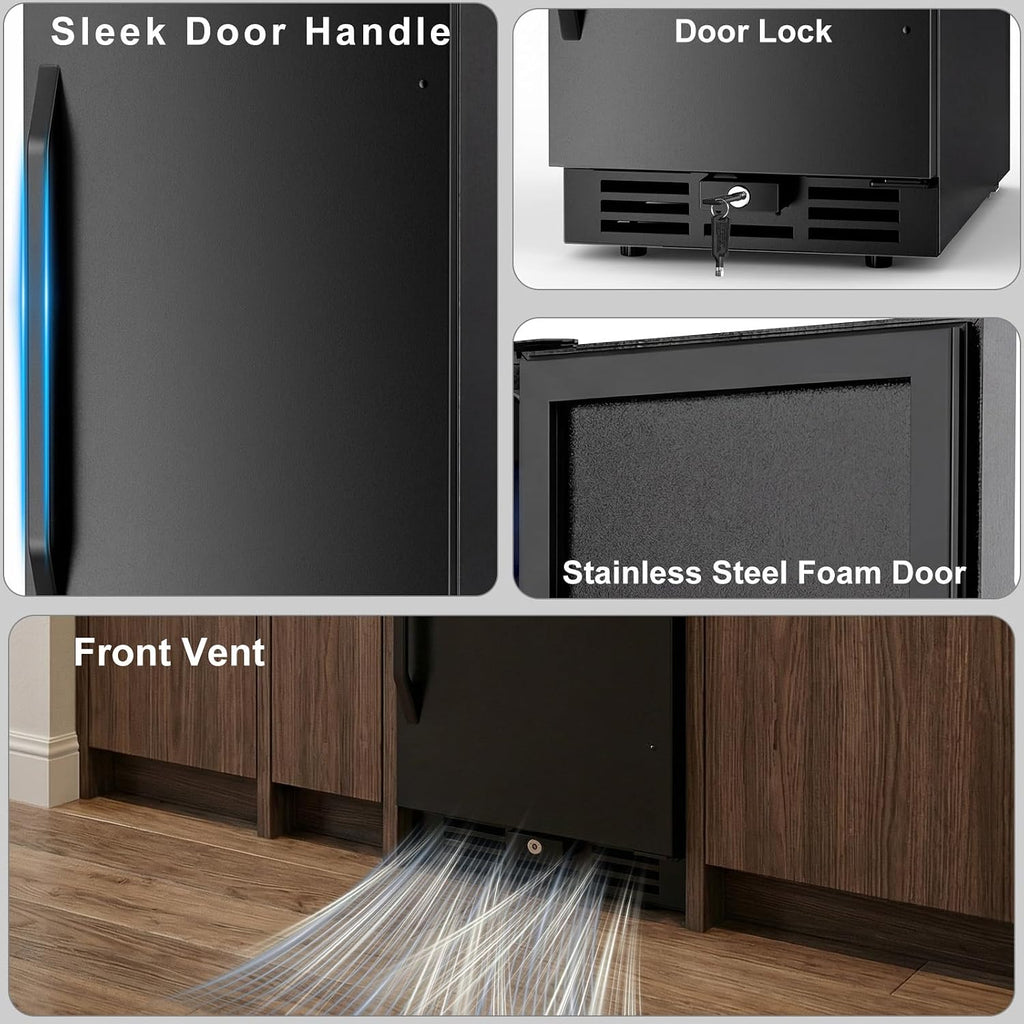 15 Inch Beverage Cooler, 127-Can Stainless Steel Drink Refrigerator with Reversible Door, Built-in or Freestanding Mini Fridge with Blue LED Light, Lock and Key for Indoor Outdoor Use, Black