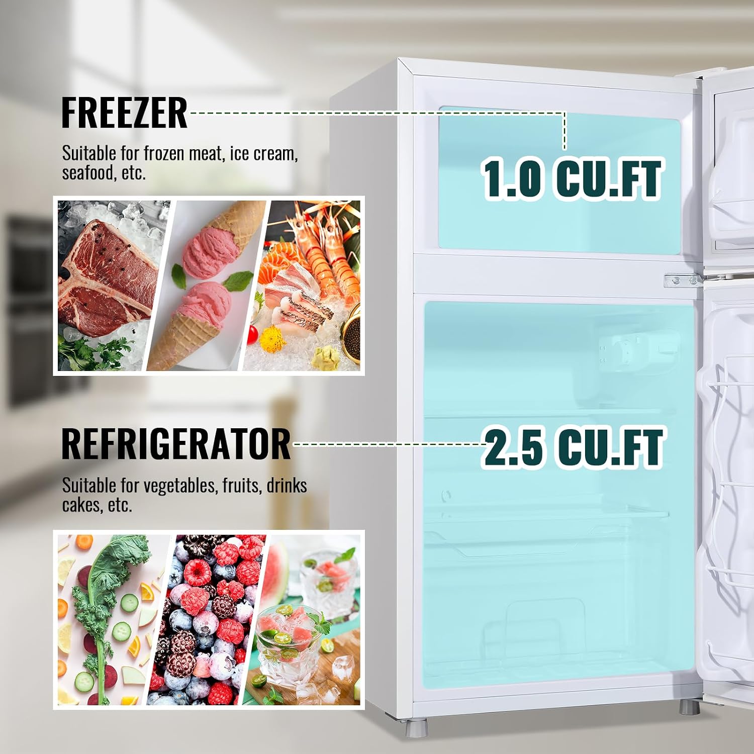 WANAI 3.5 Cu.ft Retro Mini Fridge with Freezer Small Refrigerators Dual Doors & Handles White Freestanding Classic Refrigerator Removable Glass Shelves Adjustable Thermostat for Home Office Dorm RV