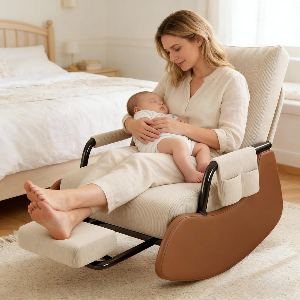 JPBSTO Rocking Chair Nursery, Upholstered Glider Rocking Chair with Footrest, Side Pocket and Adjustable High Backrest, Foldable Rocker Recliner Perfect for Living Room Bedroom, Beige