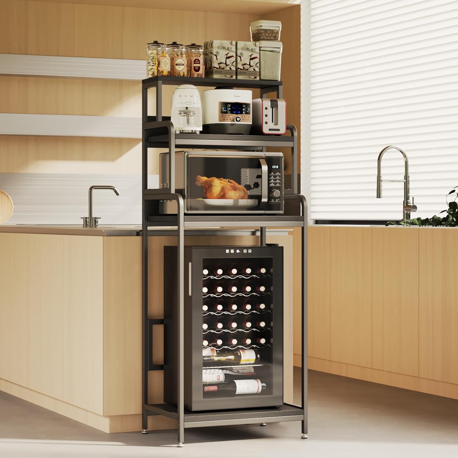 COCOLUCKY 4-Tier Mini Fridge Stand with Storage, Microwave Stand,Multi-Functional Mini Fridge Shelf Cabinet,Baker Rack Organizer for Dorm, Apartment,Small Kitchen,Office,Living Room(Black Wood Grain)