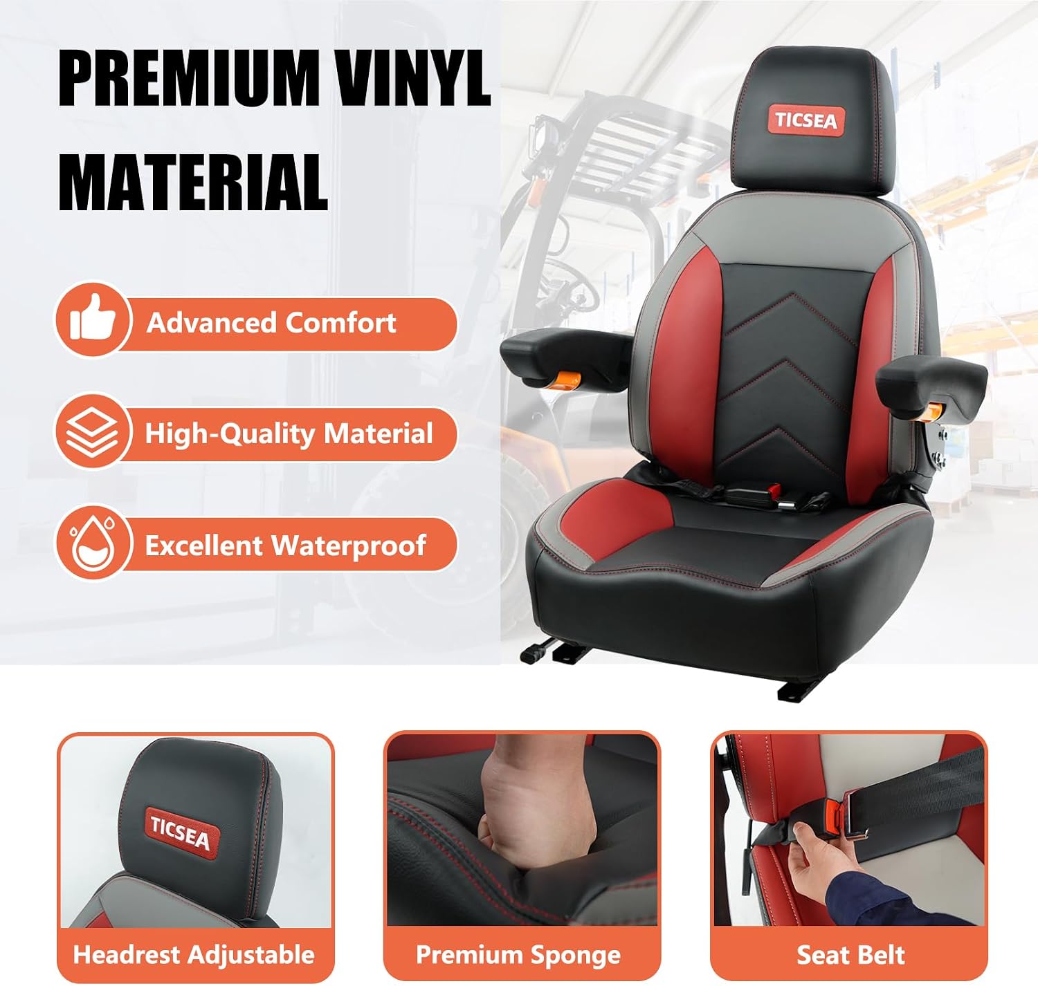 Universal Tractor Seat, Forklift Seat with Retractable Seatbelt and Adjustable Backrest Headrest Armrests Compatible with Toro Gravely Bad Boy Kubota Zero Turn Mowers (Black-Red)