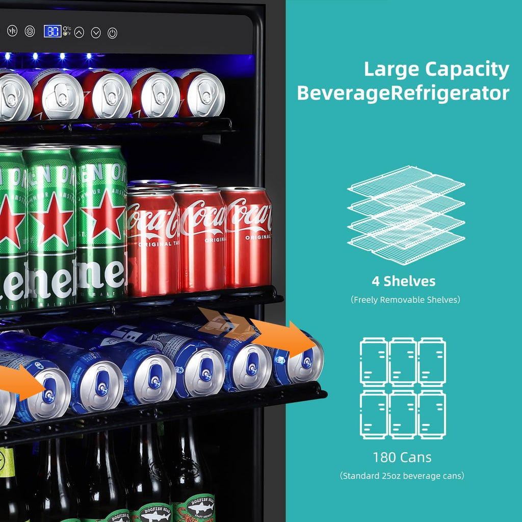 ORYMUSE Beverage Refrigerator 24 Inch, 180 Can Drink Fridge with Glass Door, Under Counter or Freestanding Beverage Cooler for Soda, Beer, Wine – Quiet Cooling for Kitchen, Bar, Office, Black