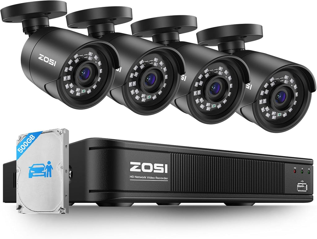ZOSI 5MP 3K Lite CCTV Security Camera System with AI Human Vehicle Detection, 8CH H.265+ DVR and 4 x 1080p Surveillance Bullet Cameras Outdoor Indoor, 100ft Night Vision, IP66 Weatherproof, 500GB HDD