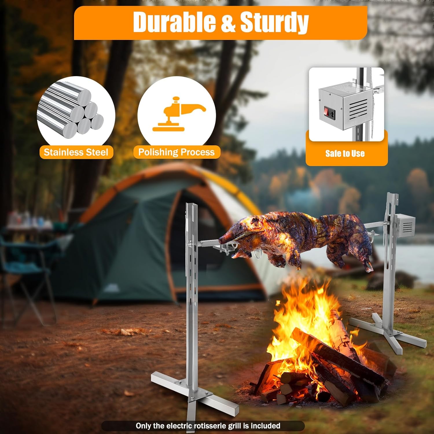 BBQ Grill Rotisserie Kit 88LBS, Stainless Steel Outdoor Electric Rotisserie Grill Kit, Automatic Rotating BBQ Rotisserie, Height Adjustable Spit Roaster Stand for Pig Lamb, 110V, 25W