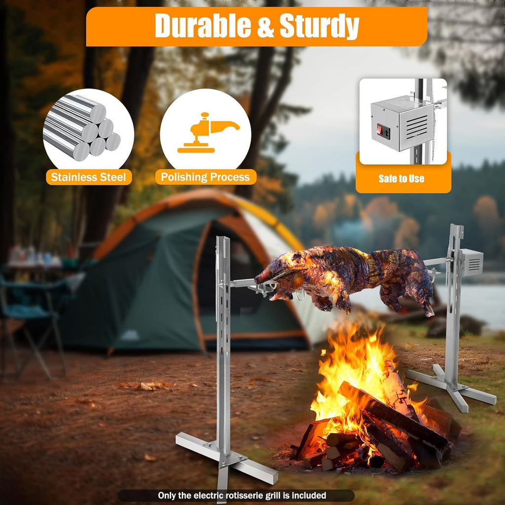 Electric BBQ Rotisserie Grill Kit,88.18lbs Stainless Steel Roaster Stand,Adjustable Height Spit Rod,360°Rotation Design Roaster Stand with U-Shaped Hooks for Camping Chicken Lamb