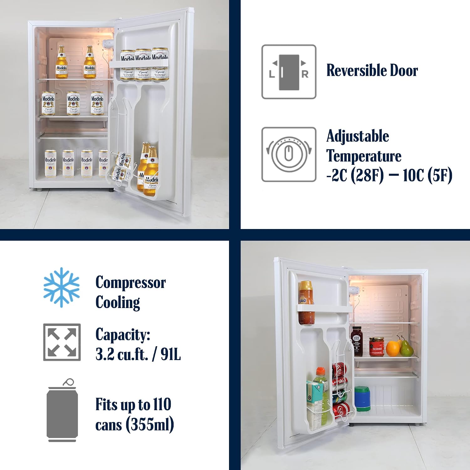 Modelo Refrigerator - Mini Fridge For Kitchen, Bedroom, Office, Dorms, Cuarto, Cool Storage For Wine, Drink, Beverages, Compact Free Standing, Neveras Pequeñpara, 3.2 Cubic Feet Capacity, White