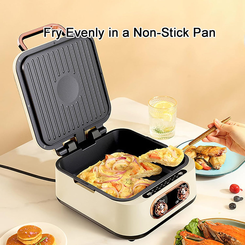 Electric Baking Pan, Double-Sided Electric Frying Pans, Hot Pot with Grill, Electric Skillets Nonstick with Lids, for Korean BBQ Steaks(Beige)