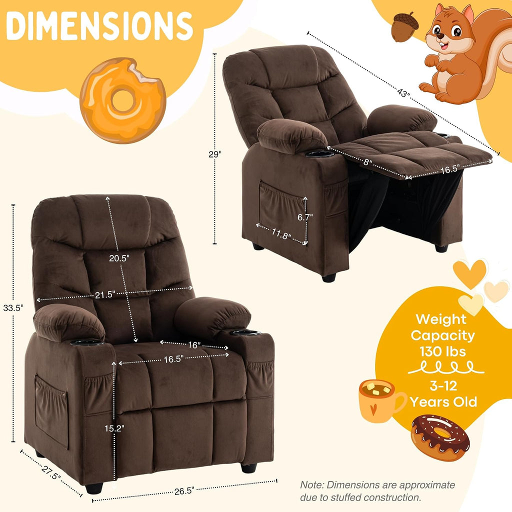 Donut Larger Kids Reclining Chair Velvet Fabric Recliner Sofa Push Back Lounge Children Toddler Boys Girls Ages 3-12 with Dual Cup Holders and 4 Pockets