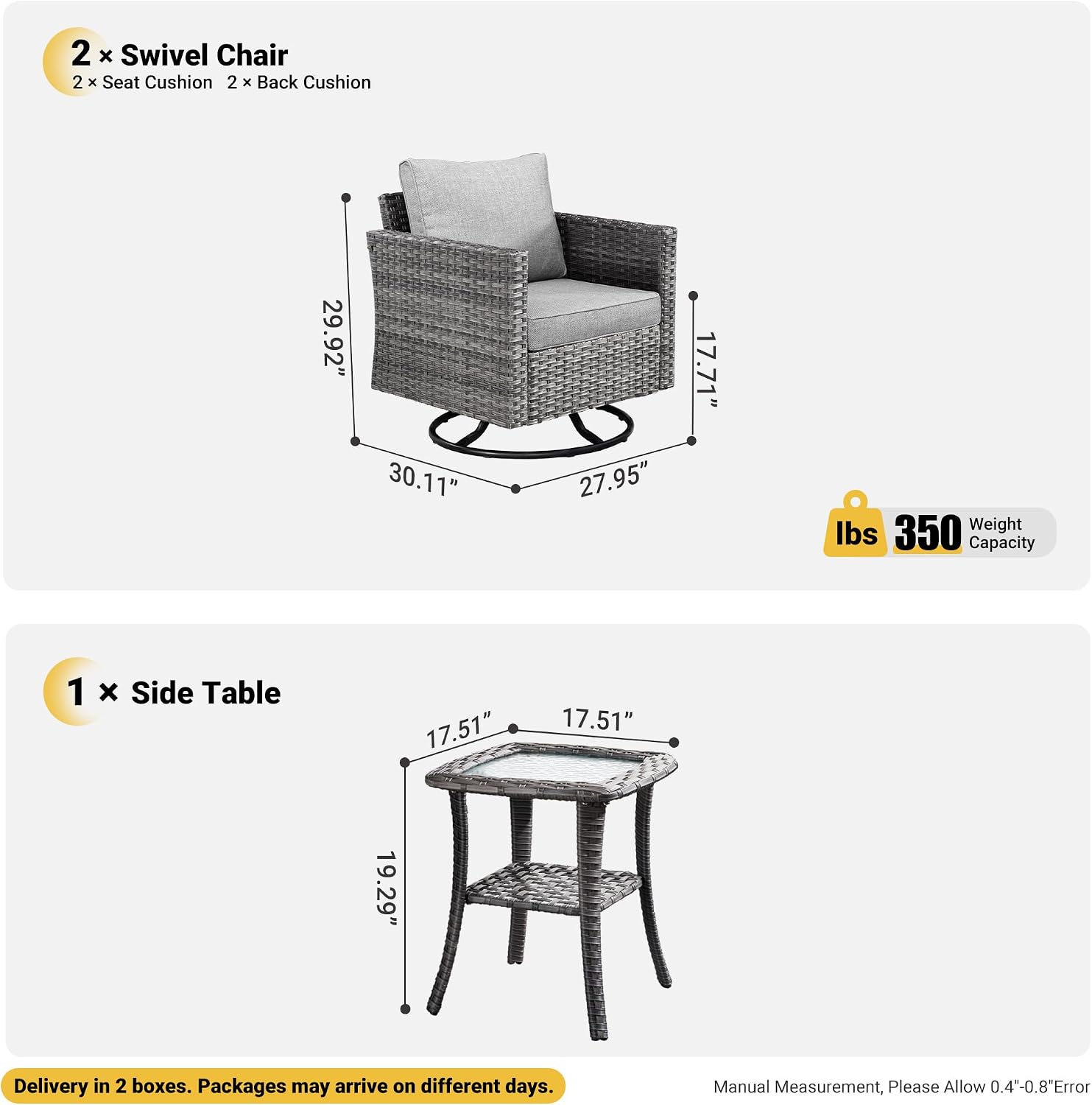 ovios 3 Pieces Patio Swivel Chairs with Side Table, Outdoor Wicker Rocking Chairs of 2 with Comfy Cushions, Rattan Glider Rocker Bistro Set for Porch Deck, Dark Grey
