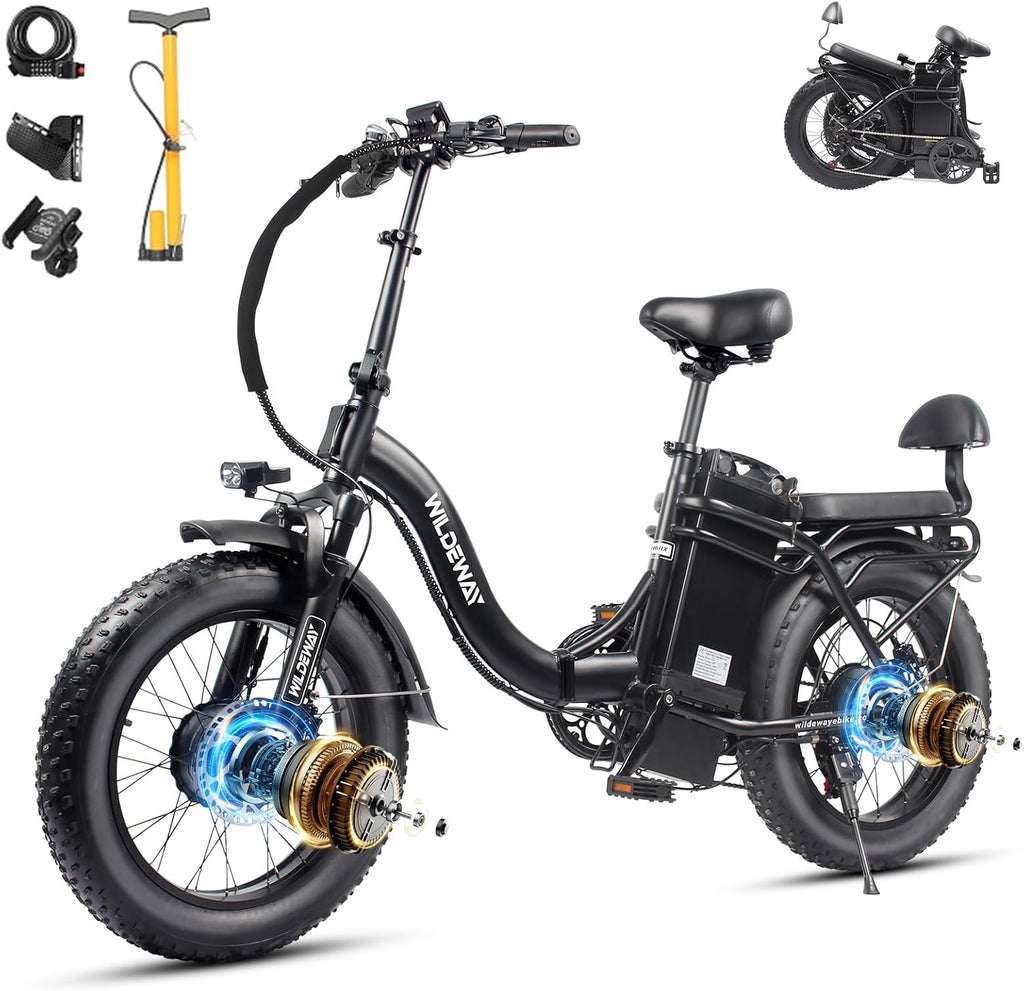 Wildeway Folding Electric Bike for Adults,2000W Dual Motor Ebike 20x4.0 Fat Tire All-Terrain 28MPH,48V 32Ah Removable Battery,7-Speed,Dual Hydraulic Disc Brake,City Commuting Delivery Bicycle